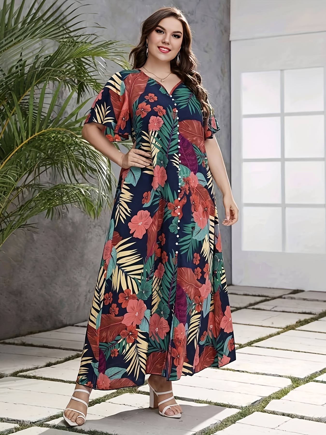 Ramadan Plus Size Boho Kaftan Dress, Women's Plus Embroidered Batwing  Sleeve Round Neck Beachwear Maxi Kaftan Dress