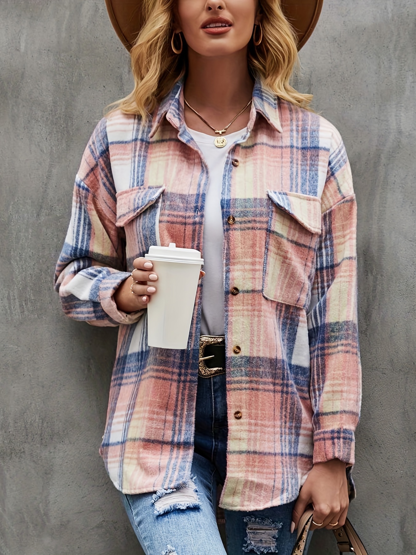 plaid print button front pocket shirt casual long sleeve shirt for spring fall womens clothing