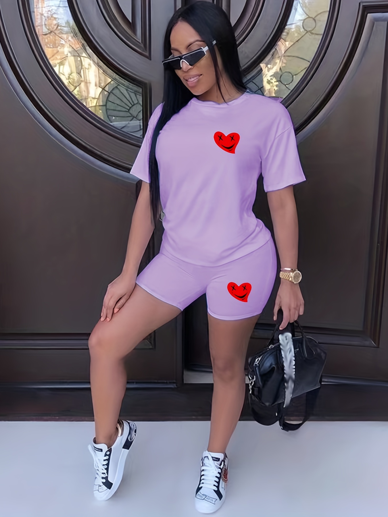 Heart Print Two piece Set Casual T shirt & Sporty Short