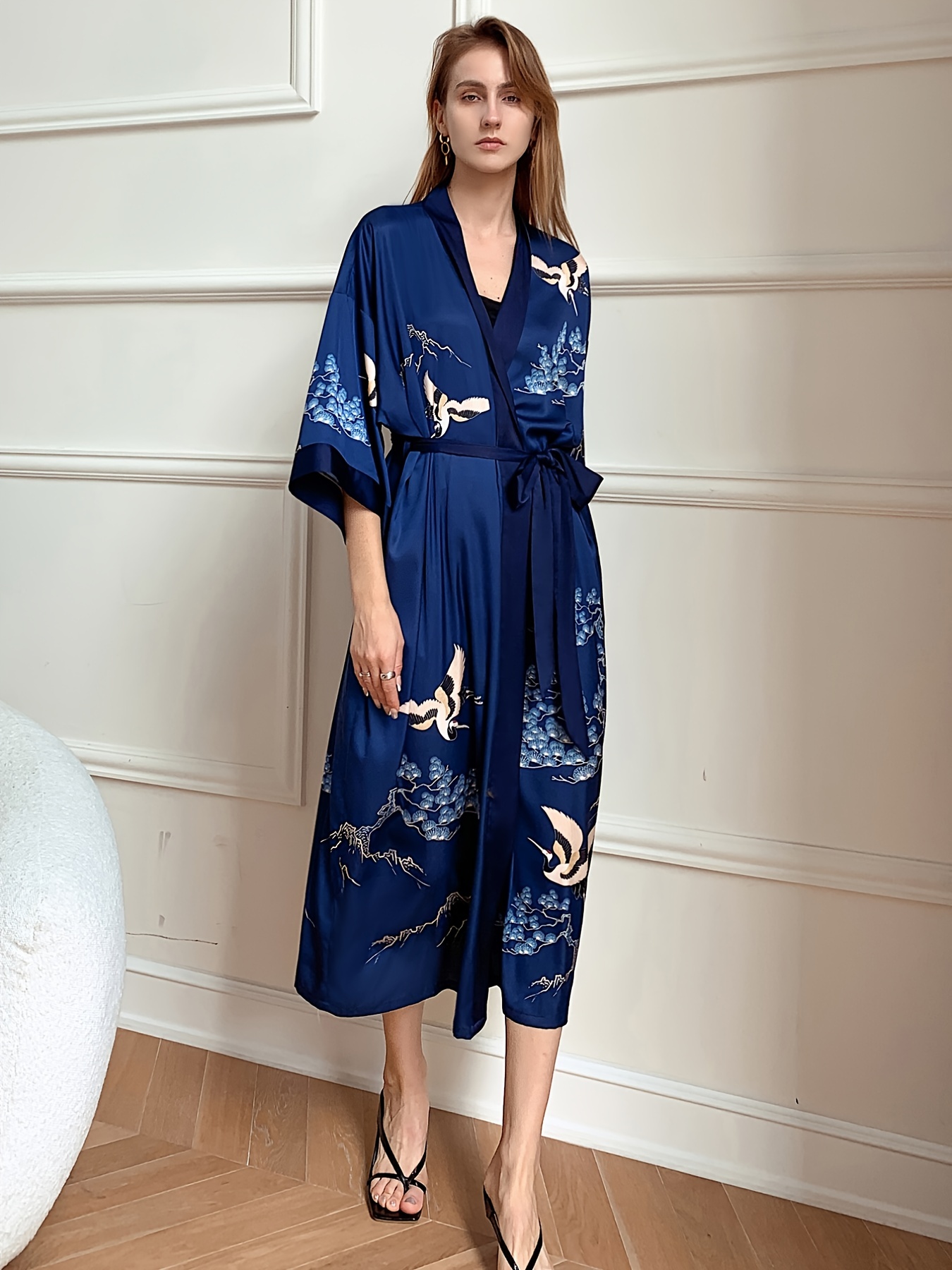 Navy Blue Floral Print Satin Kimono, Half Sleeve Short Lounge Robe With  Belt, Soft & Comfortable Night Gown, Women's Lingerie & Sleepwear