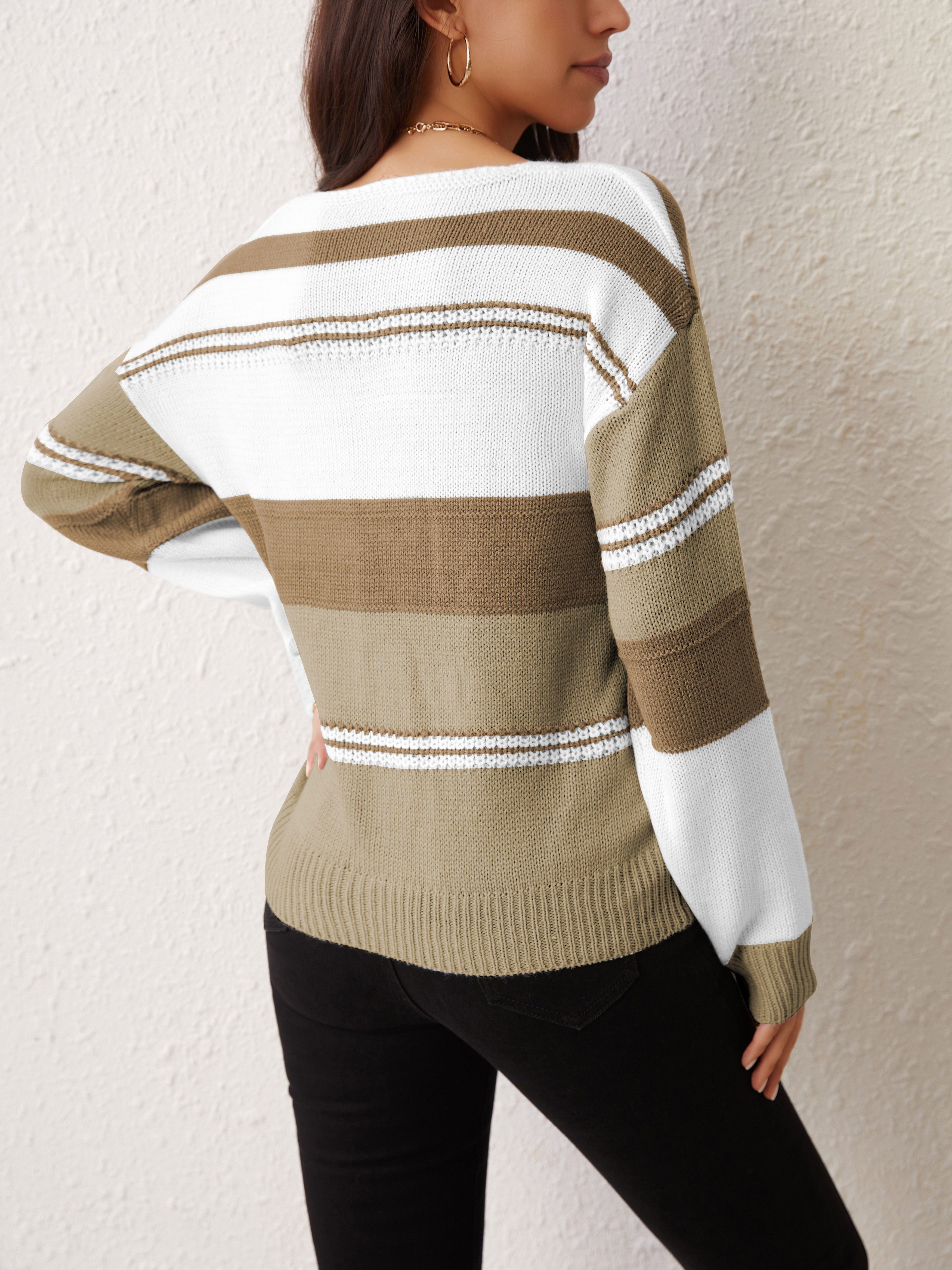 Women Knitted Sweater Pullover Long Sleeve V Neck Mixed Color School Style  Comfy