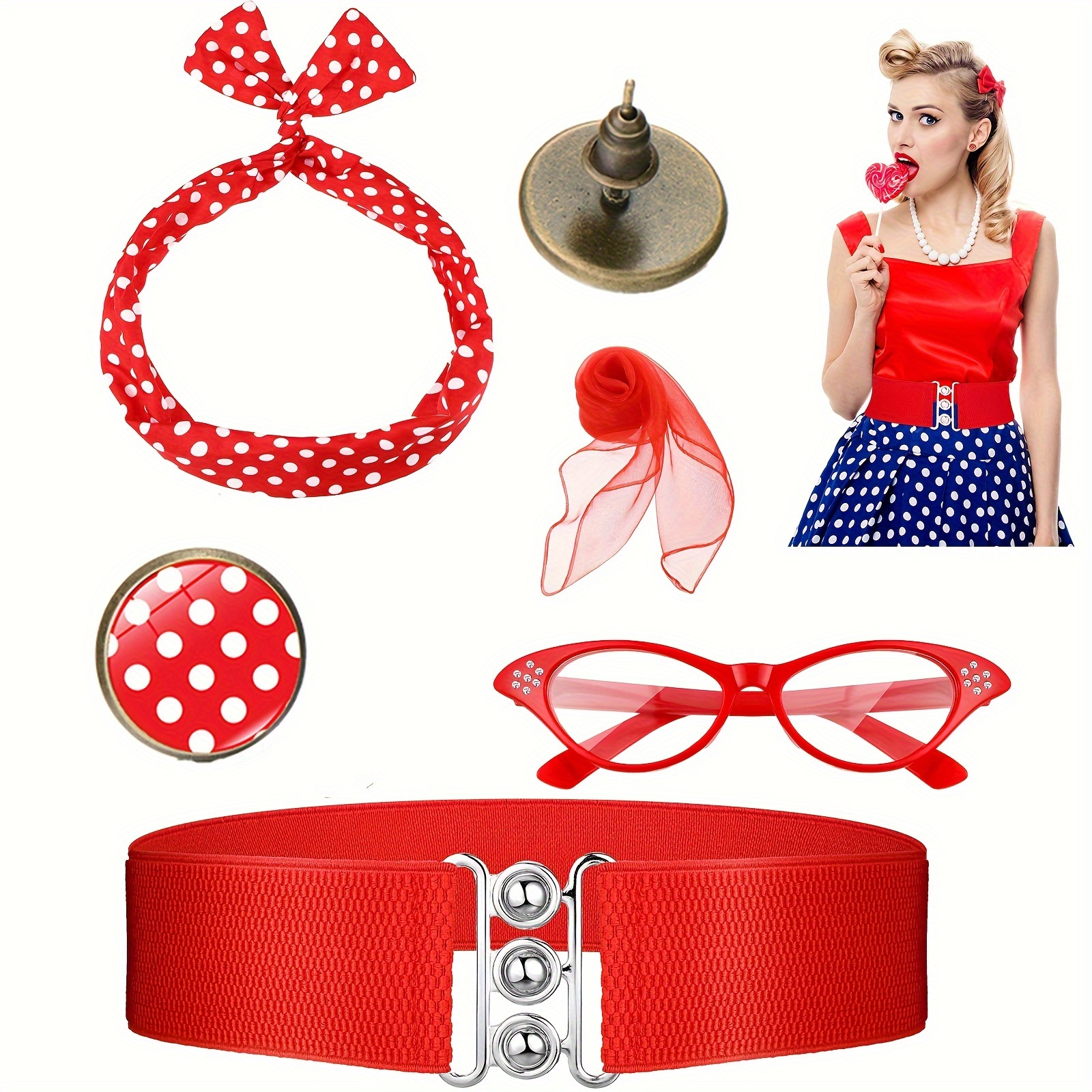 BABEYOND Accessoires des années 50, bandana, cravate, bandeau, écharpe,  lunettes, boucles d'oreilles et gants - Accessoires de costume des années  50 