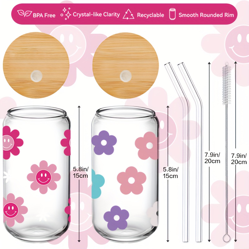 Flower Pattern Drinking Glasses With Lids And Straws, Can Shaped Water Cups,  Iced Coffee Cup, For Beer, Juice, Milk, Birthday Gifts, Drinkware - Temu