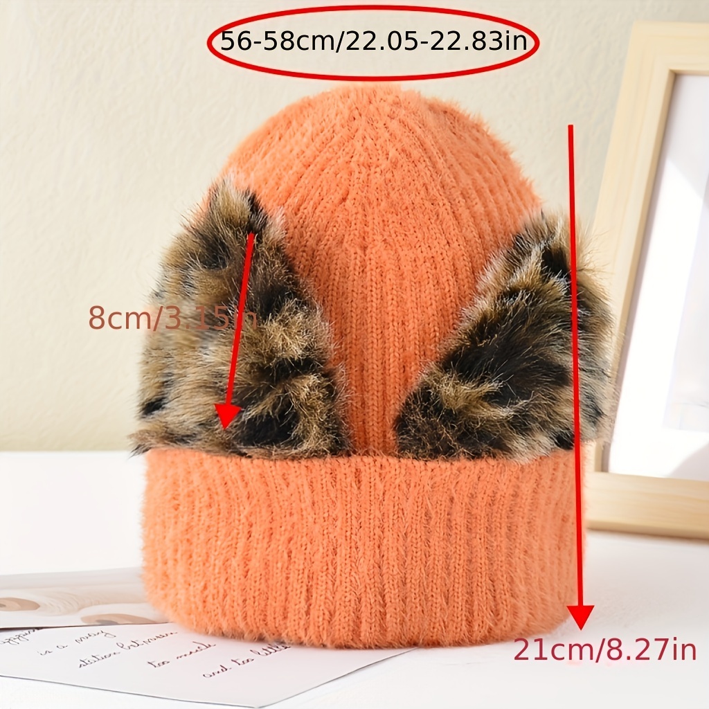 Women's Faux Fur Ball Hat - Leopard Print Crochet Knit Beanie, Winter Warm Hat With Ponytail Hole