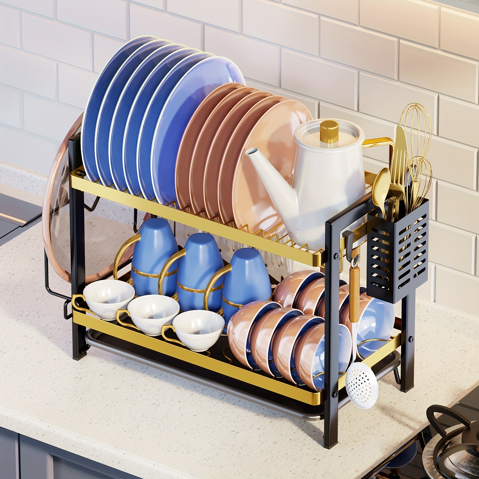 2-Tier Gold Dish Drying Rack Bowl Plate Drainer with Drainboard Kitchen  Counter Organizer Chopsticks Storage