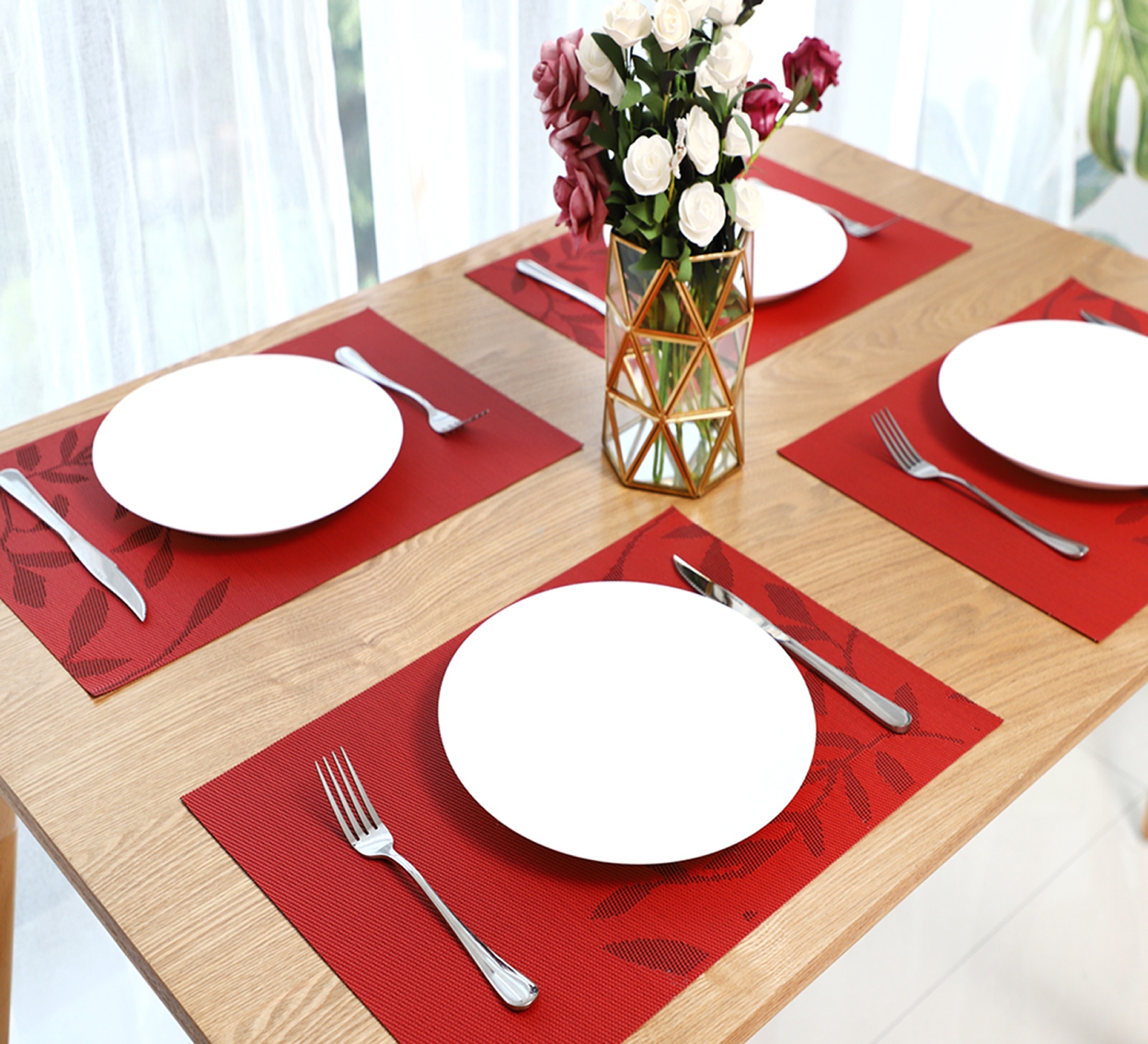 Placemats Set of 6, Red Vinyl Placemat for Dining Table, Home