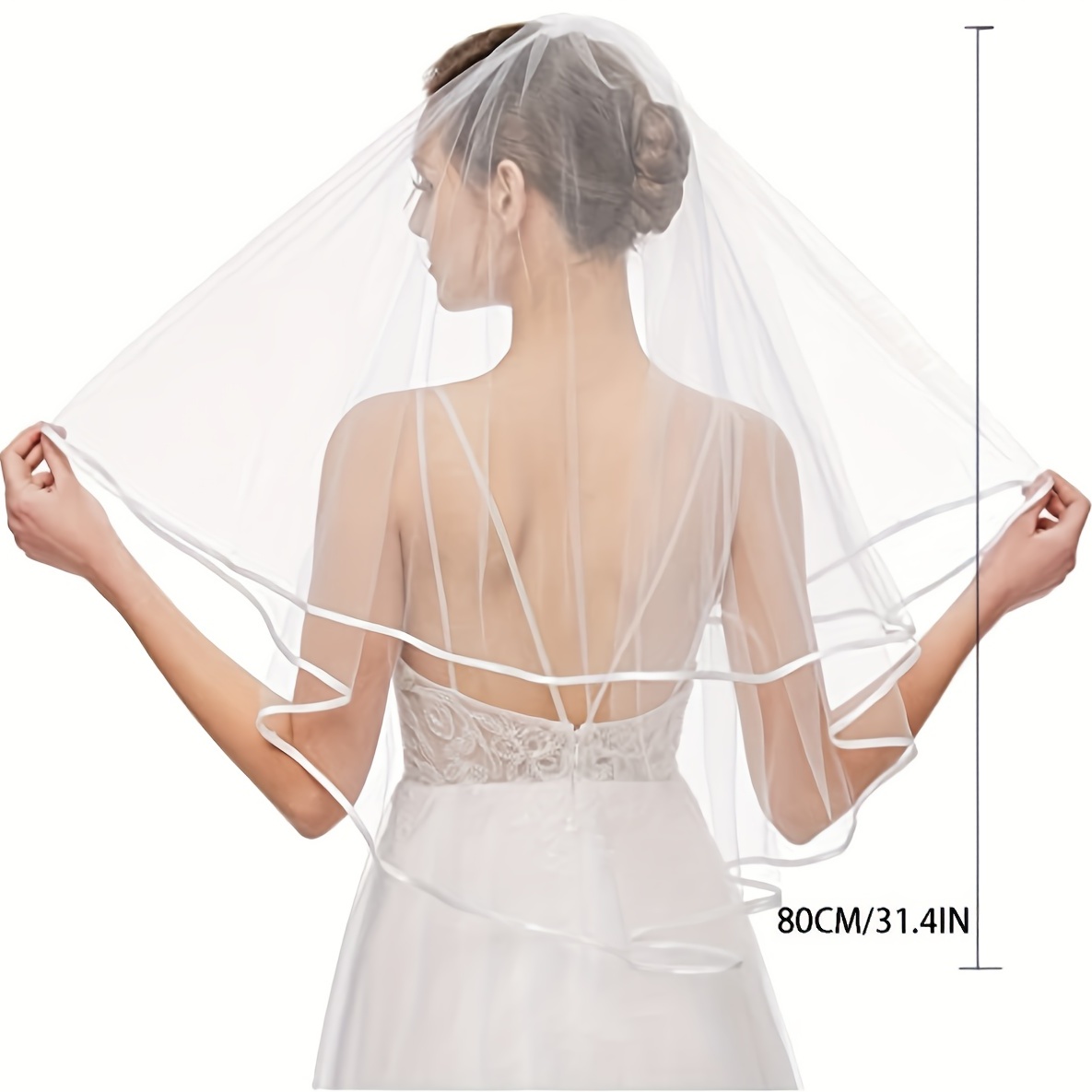 Bridal Veil Women's Simple Tulle Short Wedding Veil Ribbon Edge with Comb, Hair Brush for Wedding Bachelorette Party,Temu