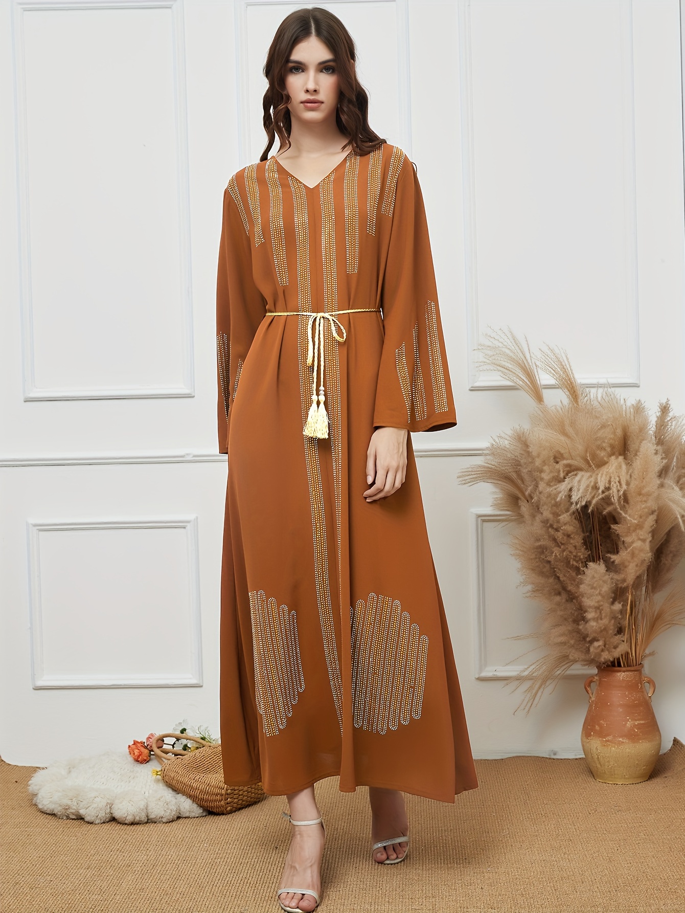 Gold Embroidered Kaftan Elegant Long Dress, Loose Maxi Vacation Dress For  Summer & Spring, Women's Clothing