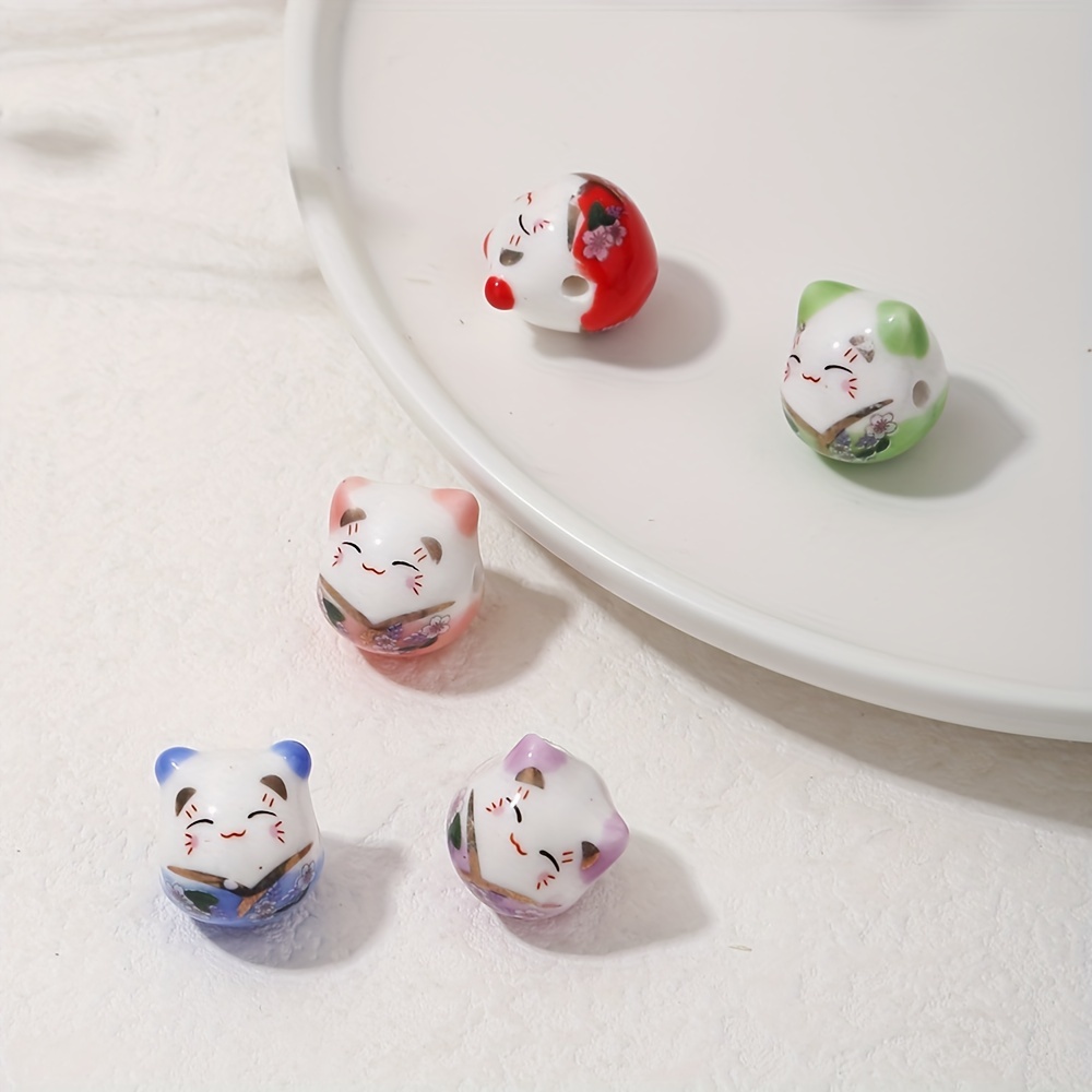 Ceramic Lucky Cat Beads Printed Beads Diy - Temu