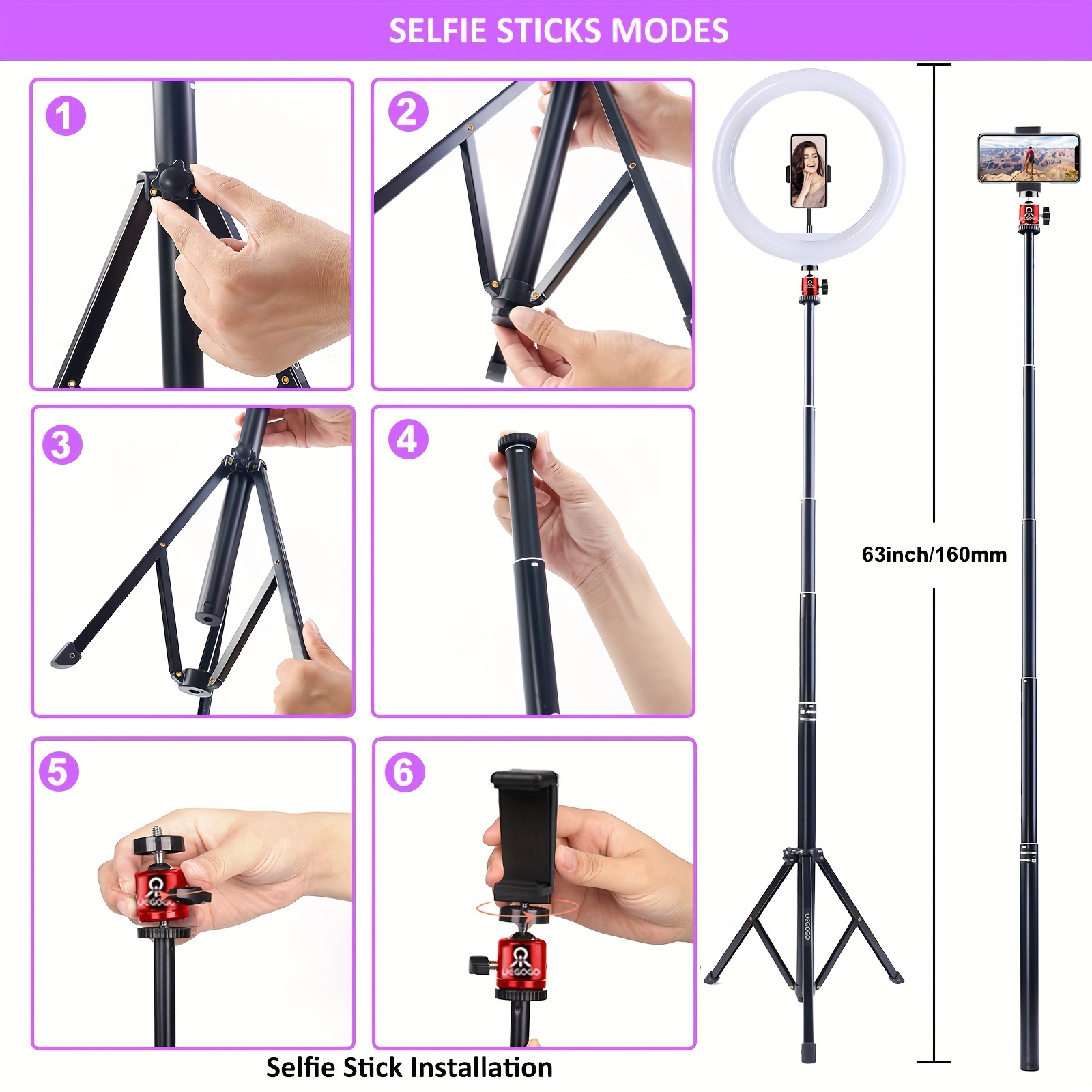 12 Ring Light with 63 extendable Tripod Stand, Selfie Ring Light with  Phone Holder and Remote, 【2-in-1】 Dimmable LED Ring Light & Selfie Stick  for