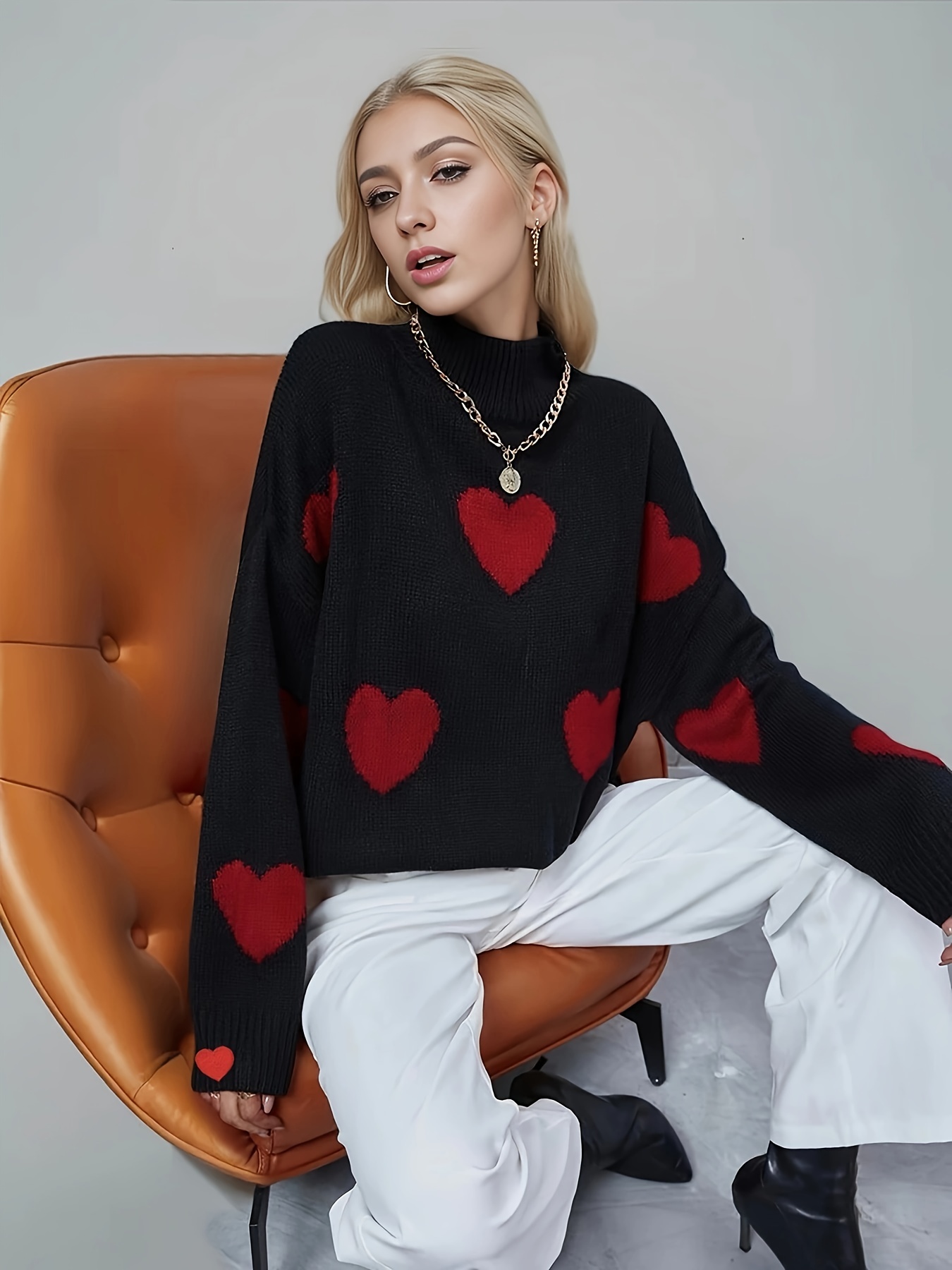 Heart Pattern Turtle Neck Pullover Sweater, Casual Long Sleeve Fall Winter  Sweater, Women's Clothing - Temu