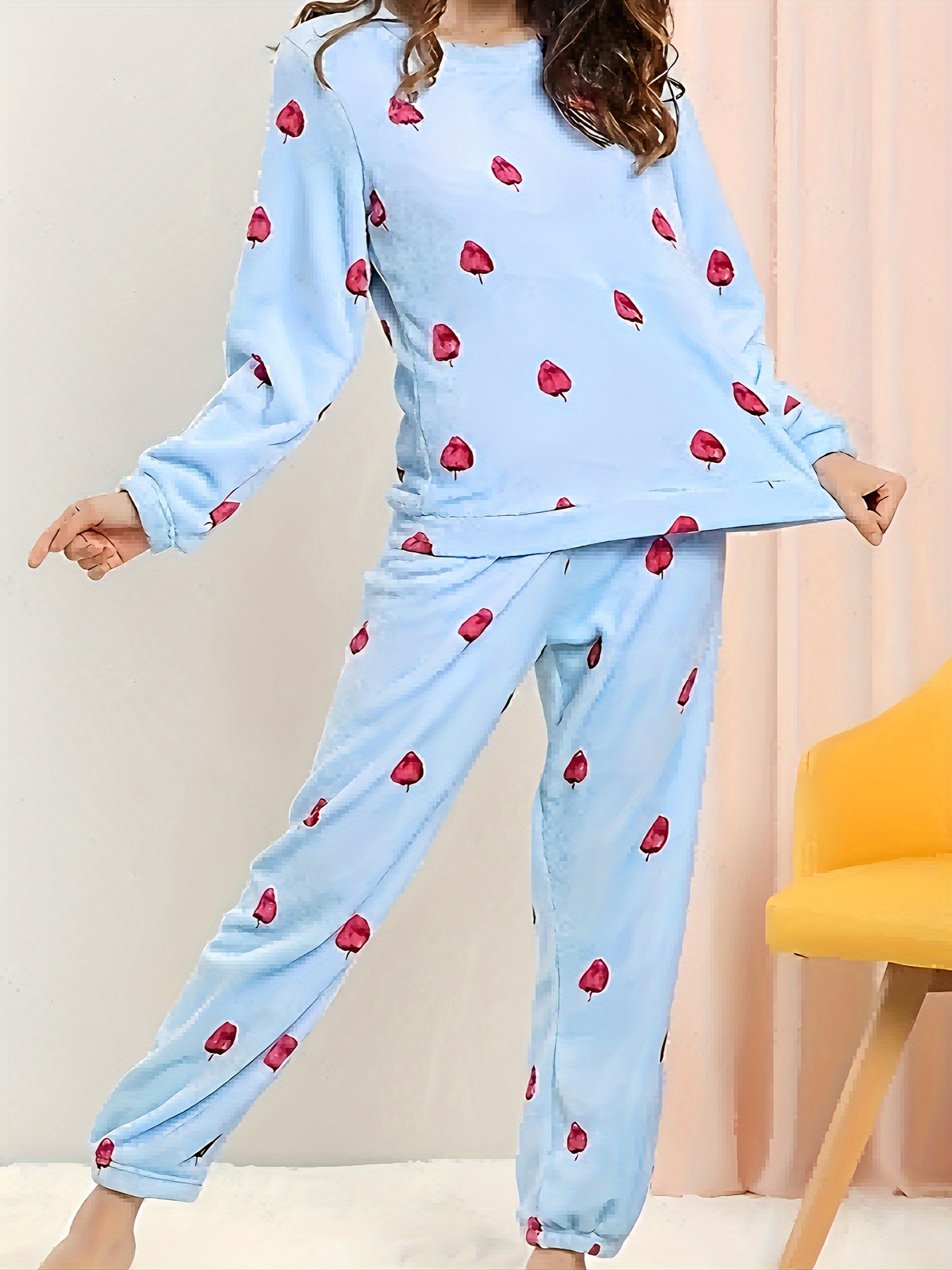 Plaid Pajama Set Long Sleeve Lapel Top Elastic Waistband - Temu