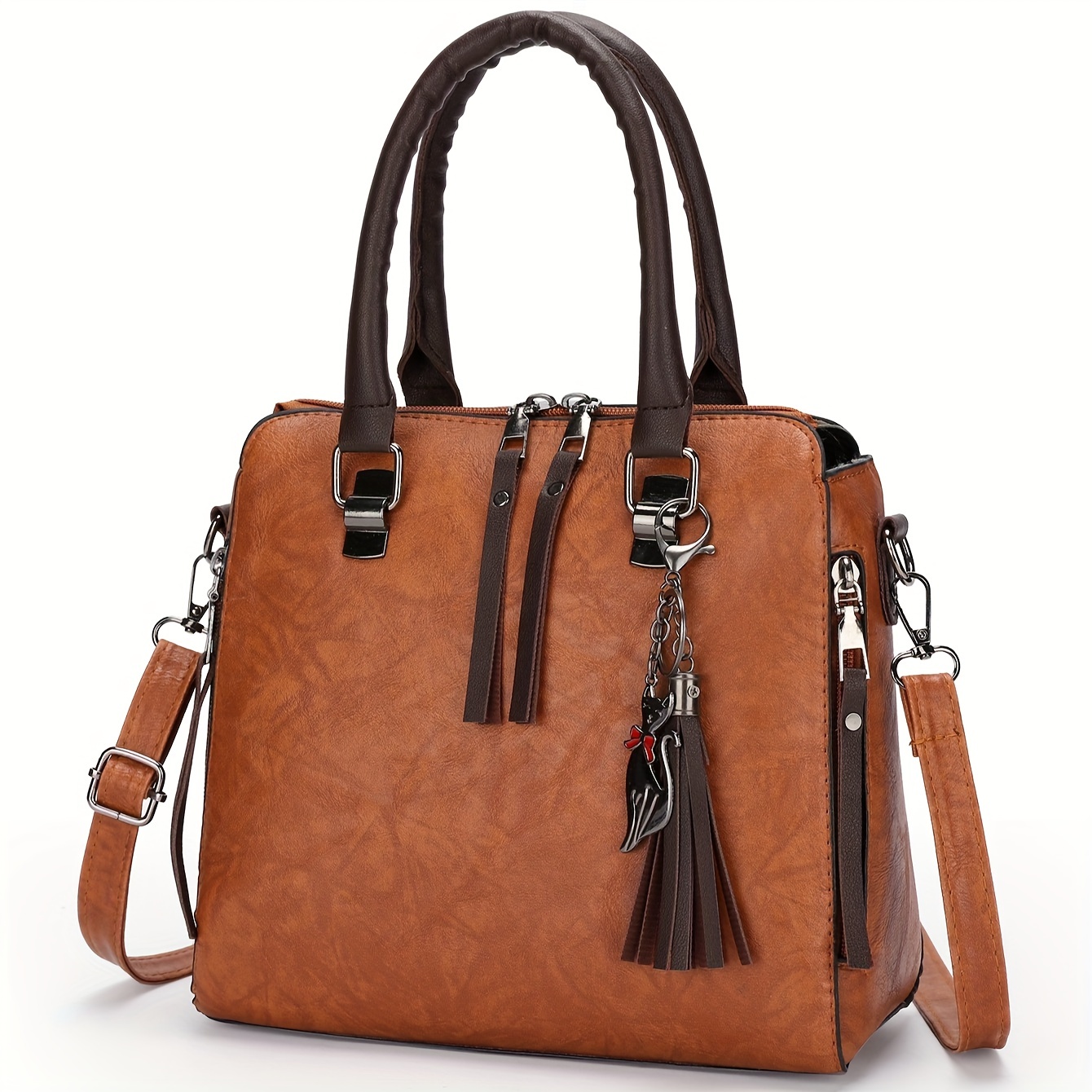 Pu Leather Handbag Set Tassel Decor Satchel Purse Fashion - Temu