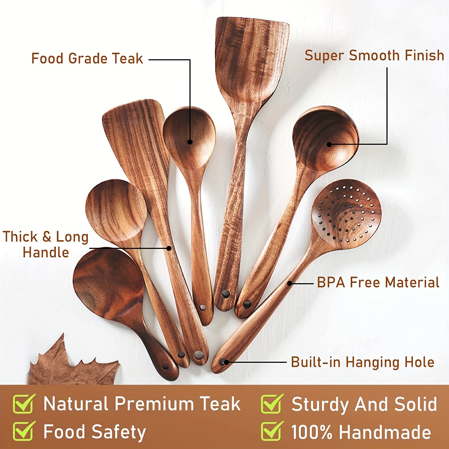 7pcs Teak Wooden Spoons Kitchen Utensils Set