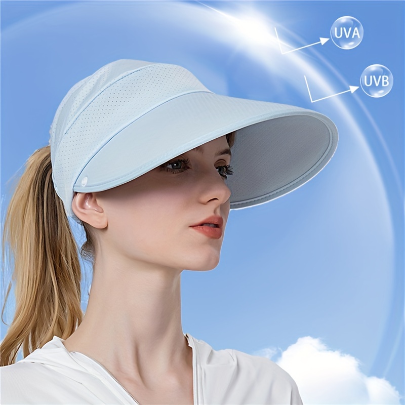 Womens Foldable Wide-Brim UV-Protection Sun-hat with Ponytail Hole (Blue)