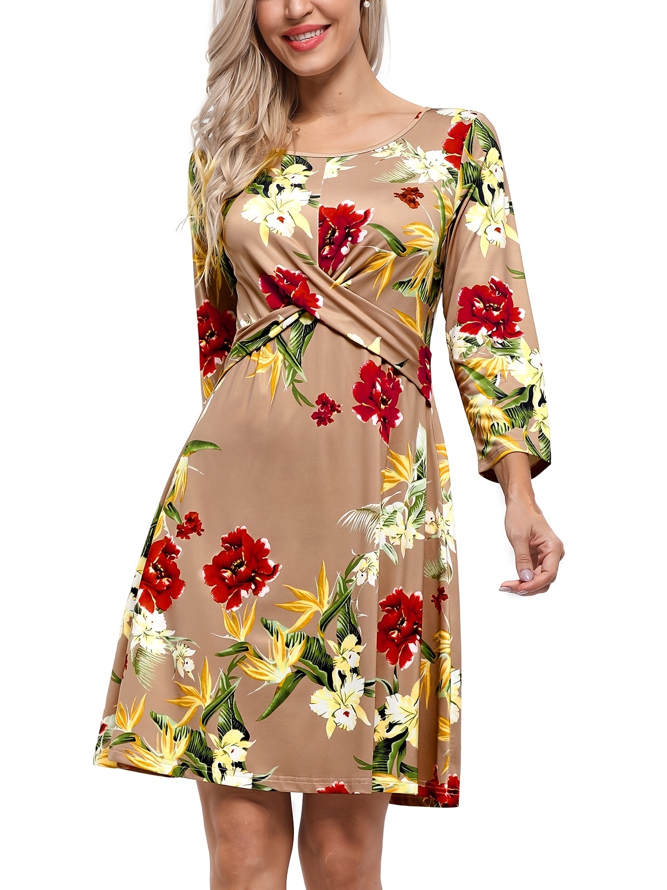 Vestido Elegante Verano Estampado Floral Cintura Alta Moda - Temu