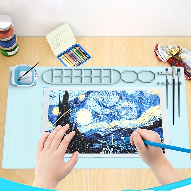  Multi-Use Silicone Craft Mat - Painting Mat for Kids - Art Mat  for Adults - Large Thick Artist Mat Gift- Tablet Holder, Raised Edges,  Brush Cleaner Rinse Cup, Storage, Paint Brushes