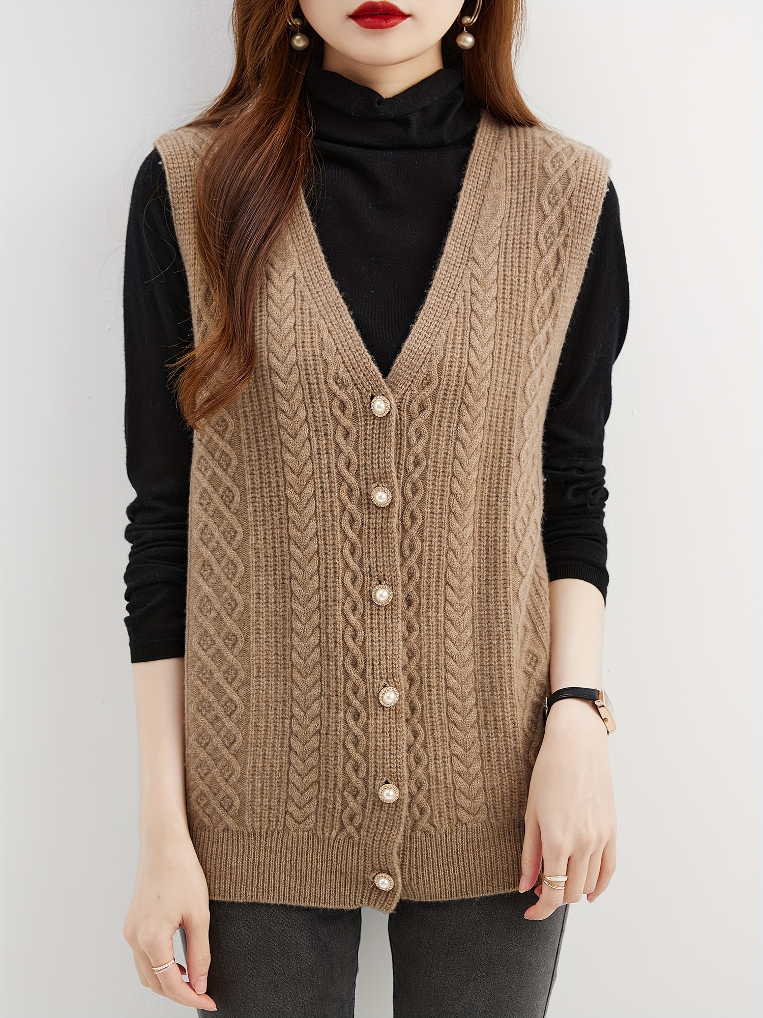 Womens Cable Knitted Vest Ladies Sleeveless High Neck Jumper
