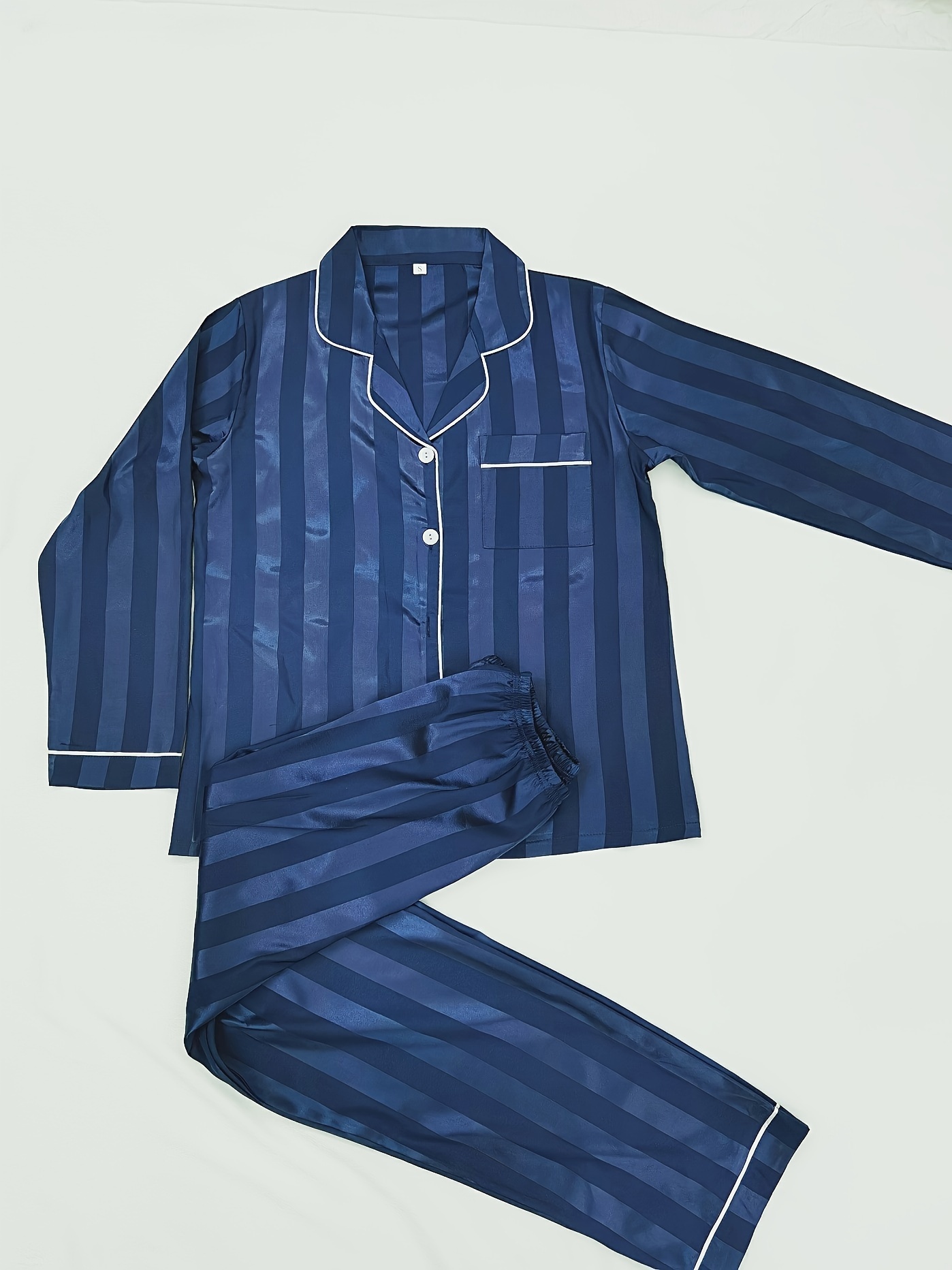 Striped Satin Pajama Set Long Sleeve Buttons Top Elastic - Temu Canada