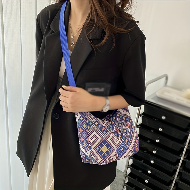 Geometric Pattern Crossbody Bag, Ethnic Style Canvas Hobo Bag