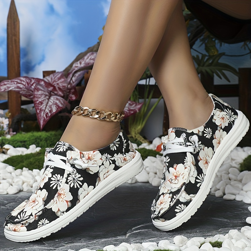 Women's Lily Flower Printed Canvas Shoes Round Toe Lace Low - Temu
