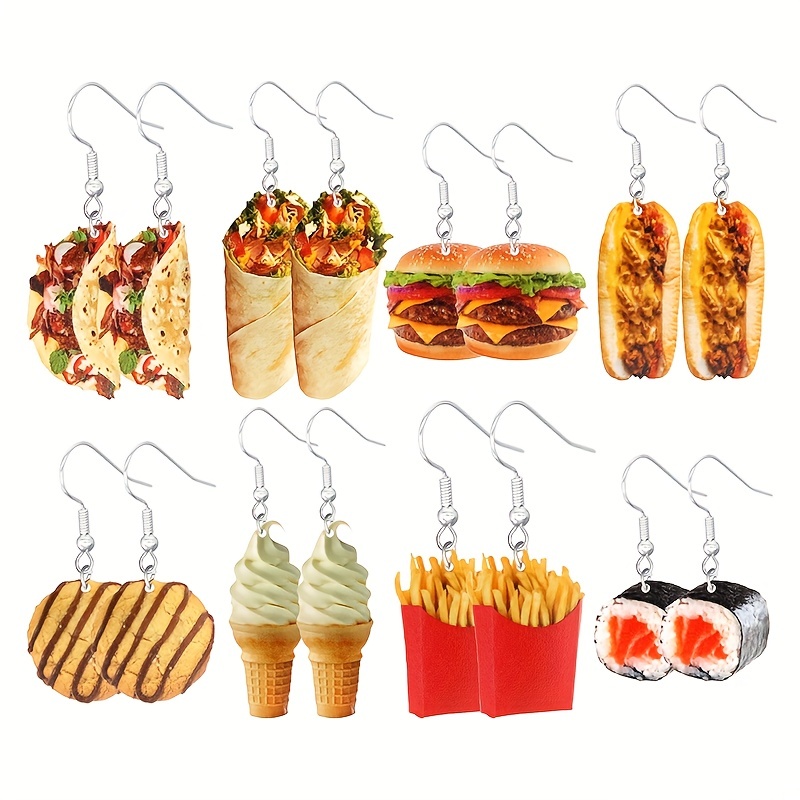 

2/ 8 Pairs/ Set Delicious Food Taco Hamburger French Fries Sushi Ice Cream Cookies Design Dangle Earrings Adorable Female Gift