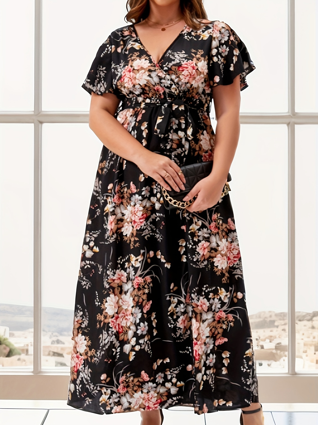 Plus Size Boho Jumpsuit Women's Plus Floral Print Surplice - Temu