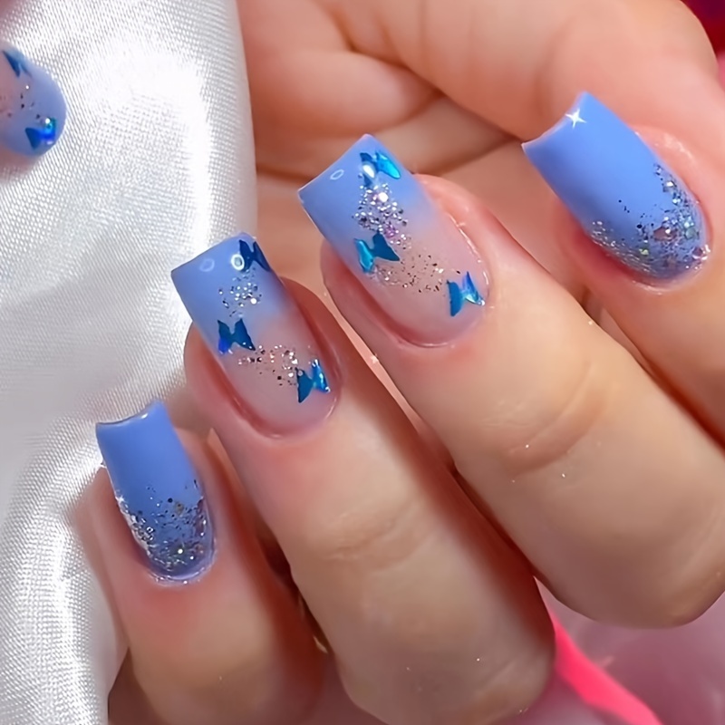 Glam Up Your Look With Long Blue French Press Nails With - Temu