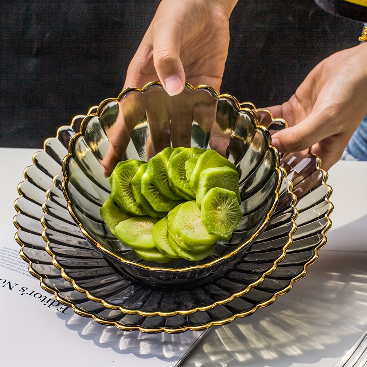 Golden Edge Glass Salad Bowl - Transparent Tableware For