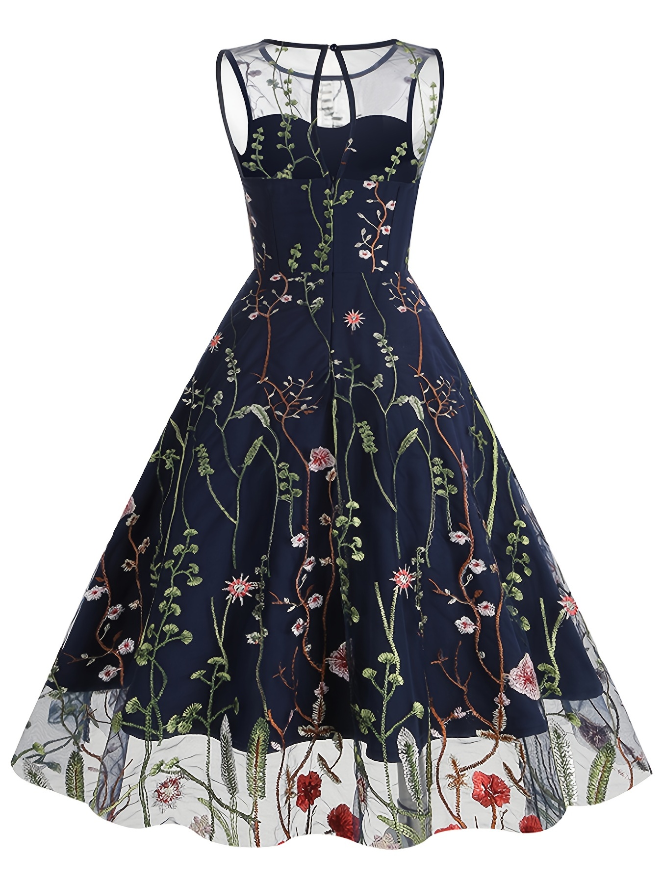 Embroidery Mesh Floral Print Dress Vintage Sleeveless Ruffle - Temu