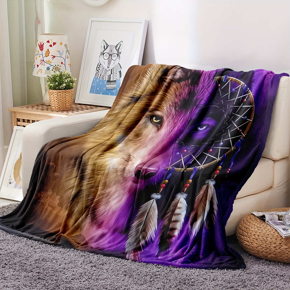 Wolf Dreamcatcher Printing Blanket Soft Comfortable Flannel - Temu