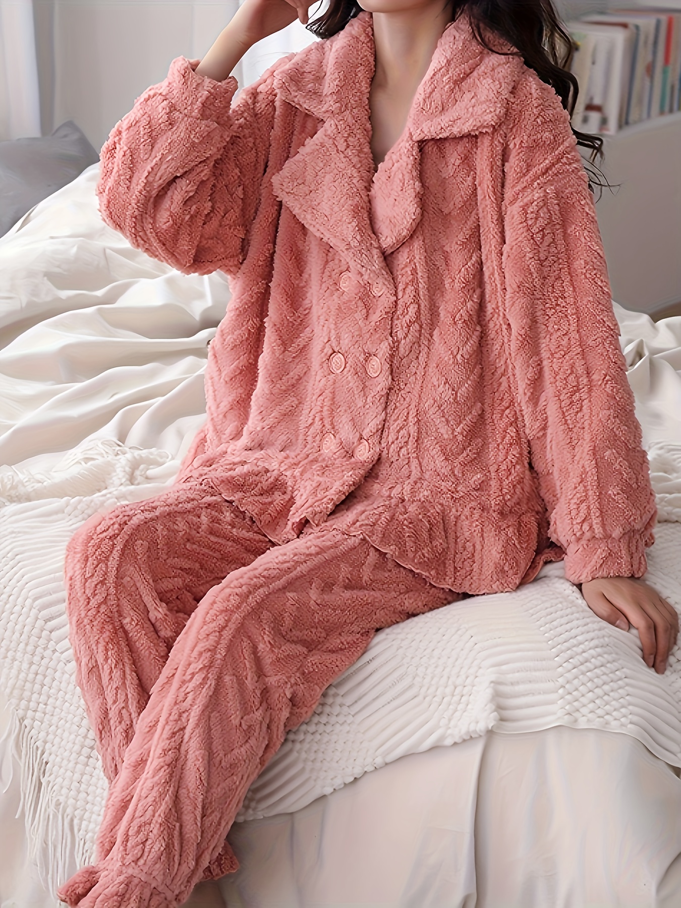 Solid Thickened Pajama Set Casual Warm Fleece Long Sleeve - Temu Israel