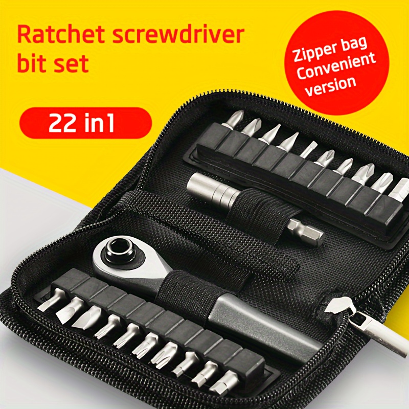 

Qvamillt 22pcs Portable Ratchet Screwdriver Set - Aluminum, Hex, Flat & Torx Head Bits In Zippered Case For Easy Repairs