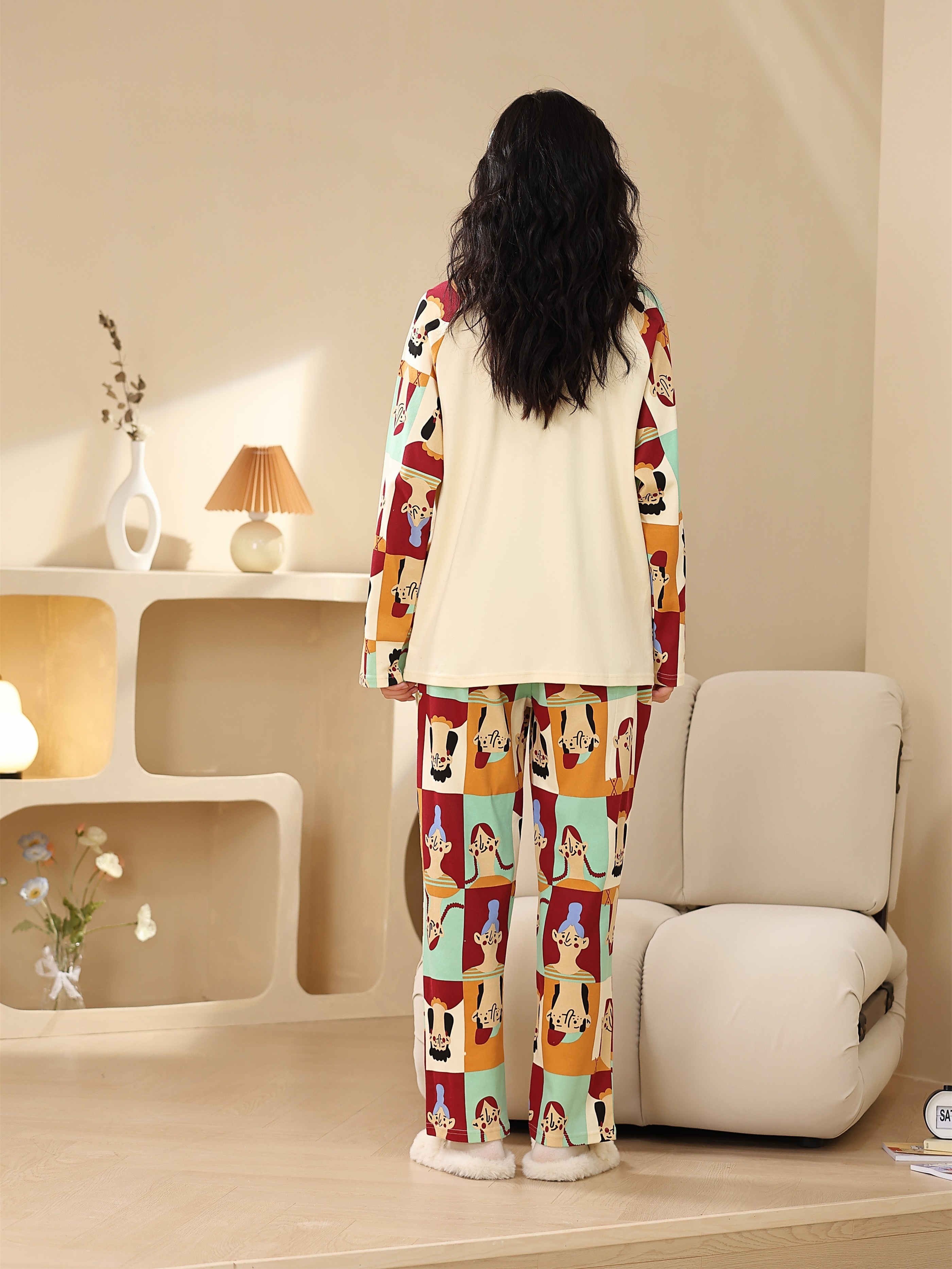 Cartoon Animal Print Pajama Set, Long Sleeve Crew Neck Top & Elastic  Waistband Pants, Women's Sleepwear & Loungewear