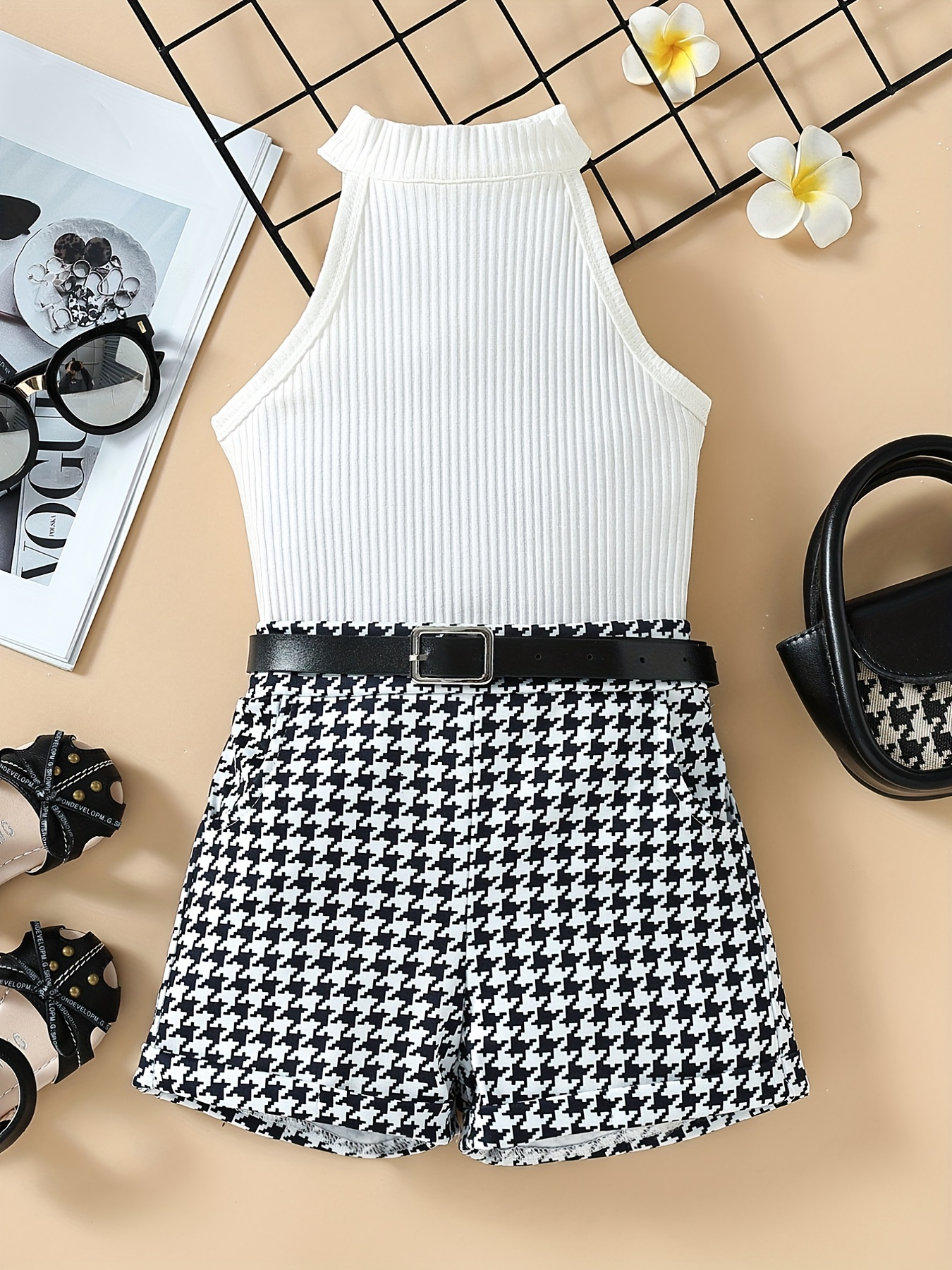 Toddler Girls Solid Halter Top & Houndstooth Print Shorts Outfits  Sleeveless Halter Knit Tank Top Plaid Shorts Pants Infant Baby Girl