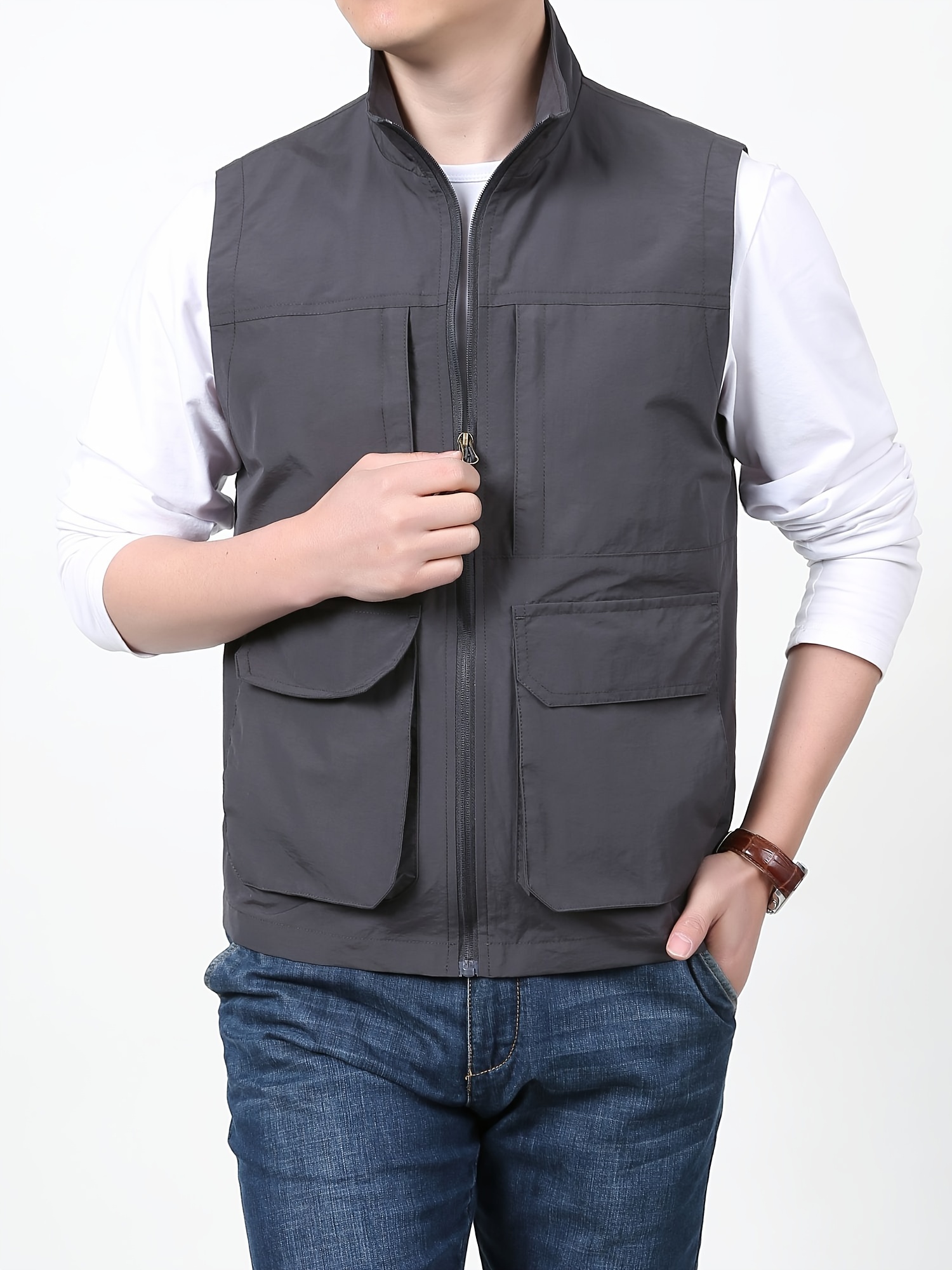 Multi Pocket Cargo Vest Men's Casual Outwear Stand Collar - Temu