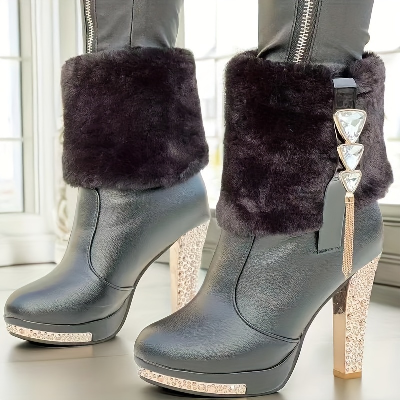 Mujeres Rhinestone Decor Furry Botas Tobillo Moda Plush Temu Chile