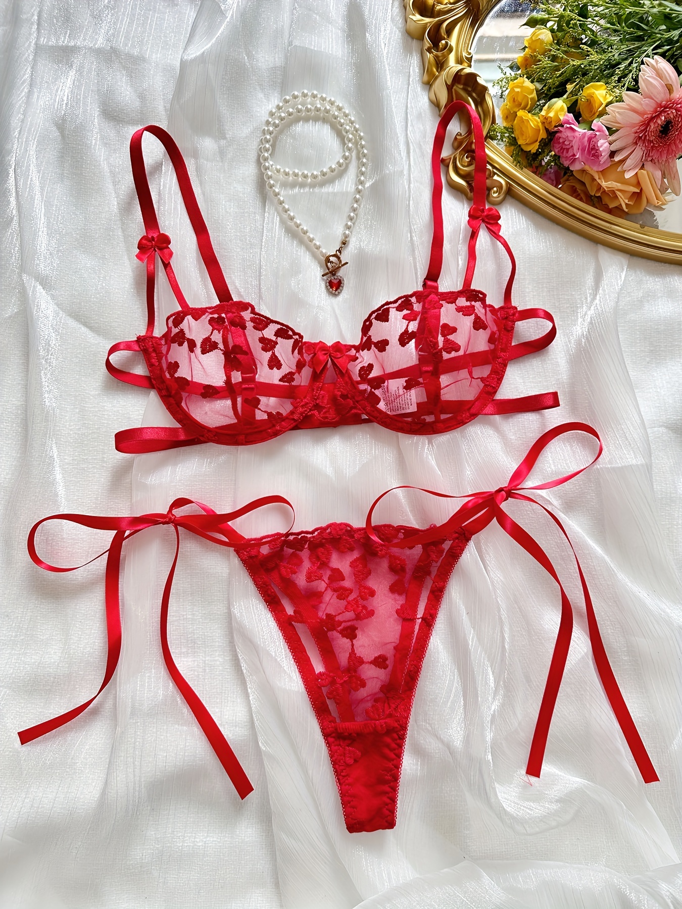 Heart Embroidery Lingerie Set Mesh Unlined Bra Strappy Thong - Temu United  Kingdom