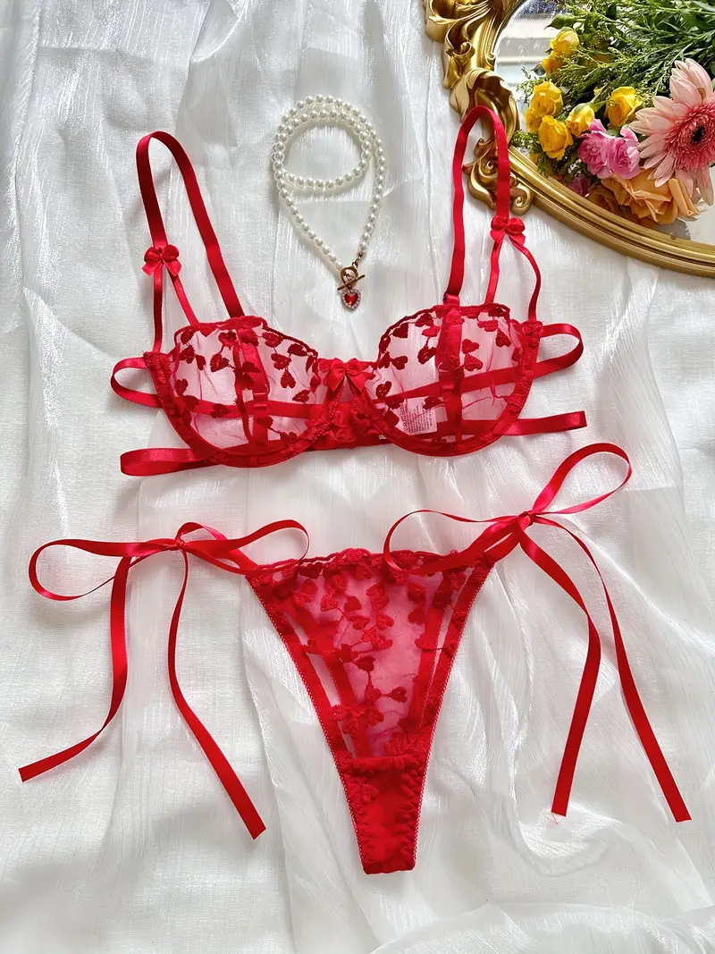 Conjunto de lingerie com bordado de coração soutien de malha - Temu Portugal