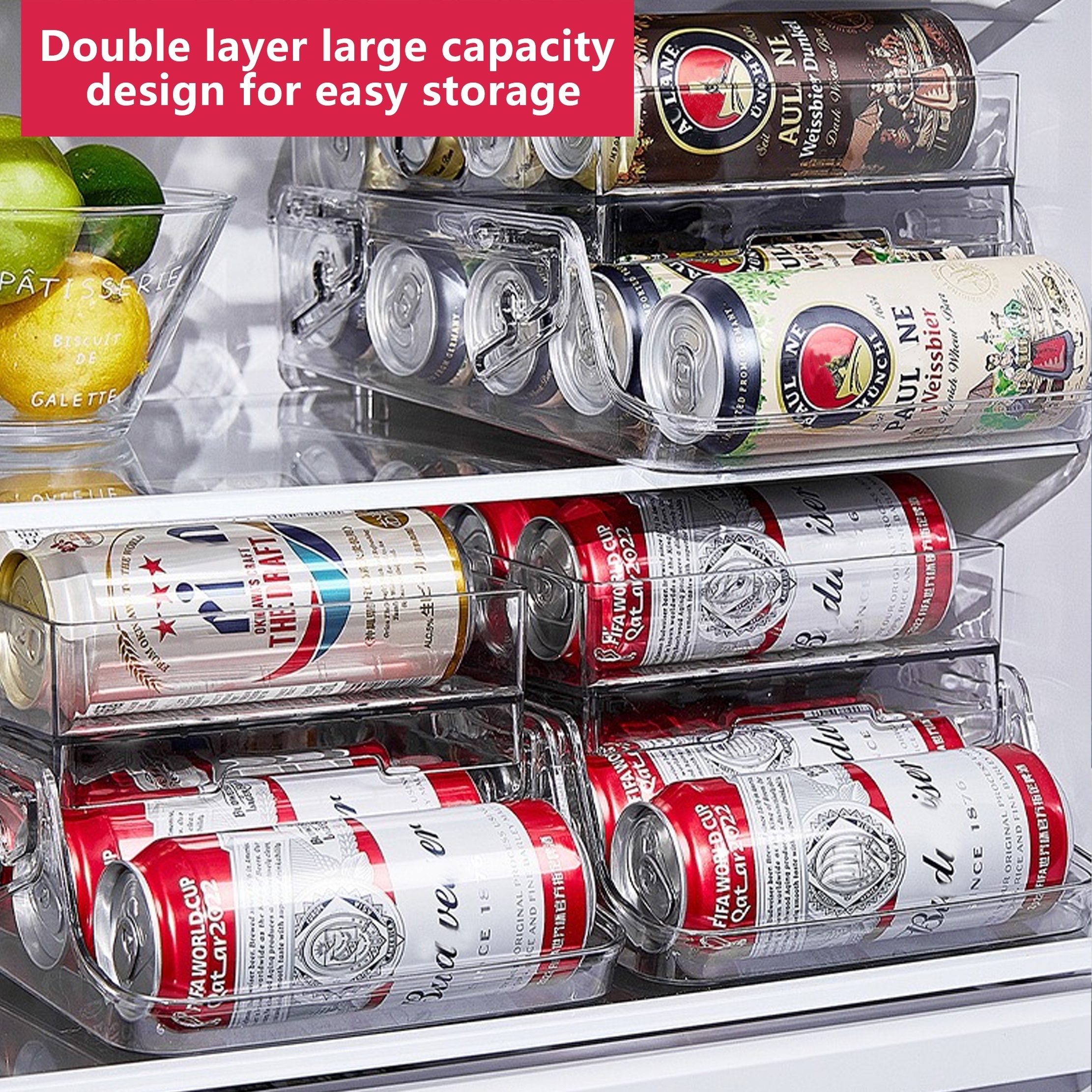 Rolling Soda Can Organizer For Refrigerator Can Dispenser, Double