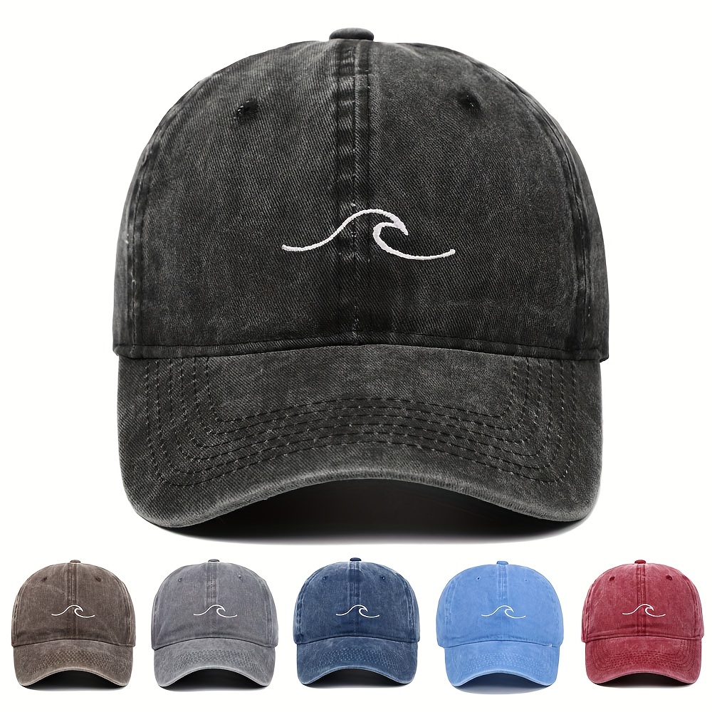 

1pc Retro Casual Water-washed Men's Duck Tongue Cap With Sea Wave Embroidery And Curved Brim For Outdoor