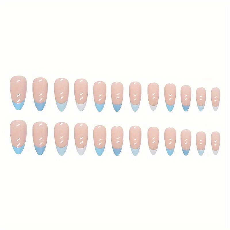 24pcs medium long almond shaped fake nails simple blue french style wearable false nail set 1sheet jelly glue and 1pc nail file included details 4