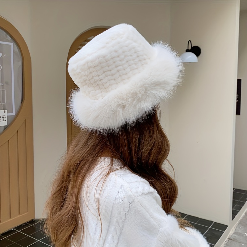 Women's Crochet Faux Fur Soft Bucket Hat Windproof Thick - Temu