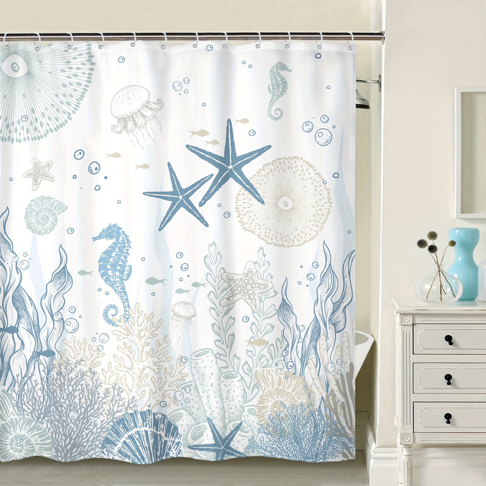 Divertida cortina de ducha de tela de gato para baño, diseño de animales  marinos, pulpo, estrella de mar, tortuga, ancla náutica, peces, juego de