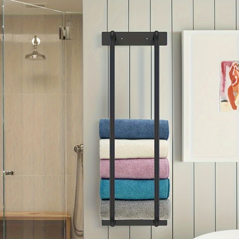 Toalleros para baño, toallero de pared de 2 niveles con estante de madera,  toallero de pared de metal montado para toallas para baño pequeño