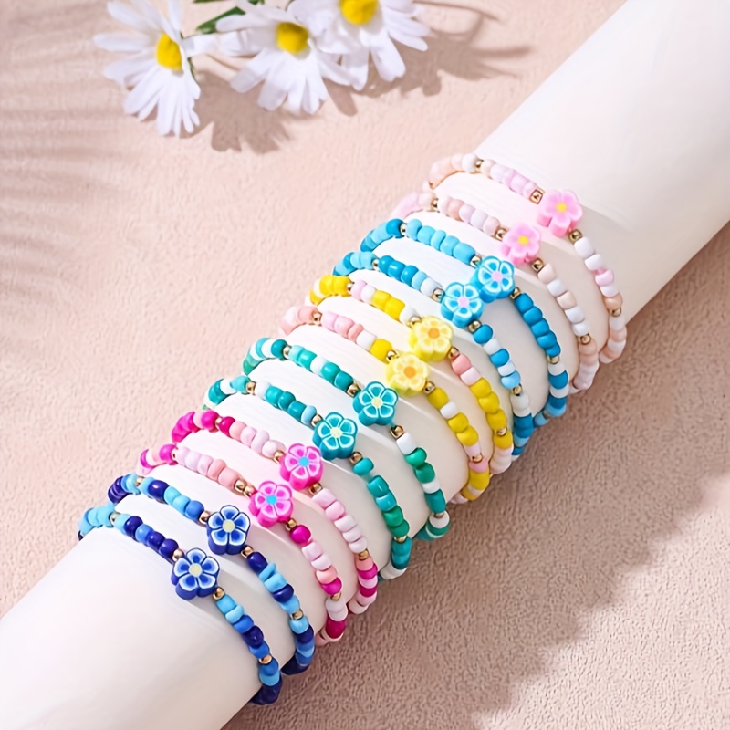 

12pcs Mixed Color Hand-woven Beaded Flower Bracelets Set For Men And Women (mixed Style Random Color)