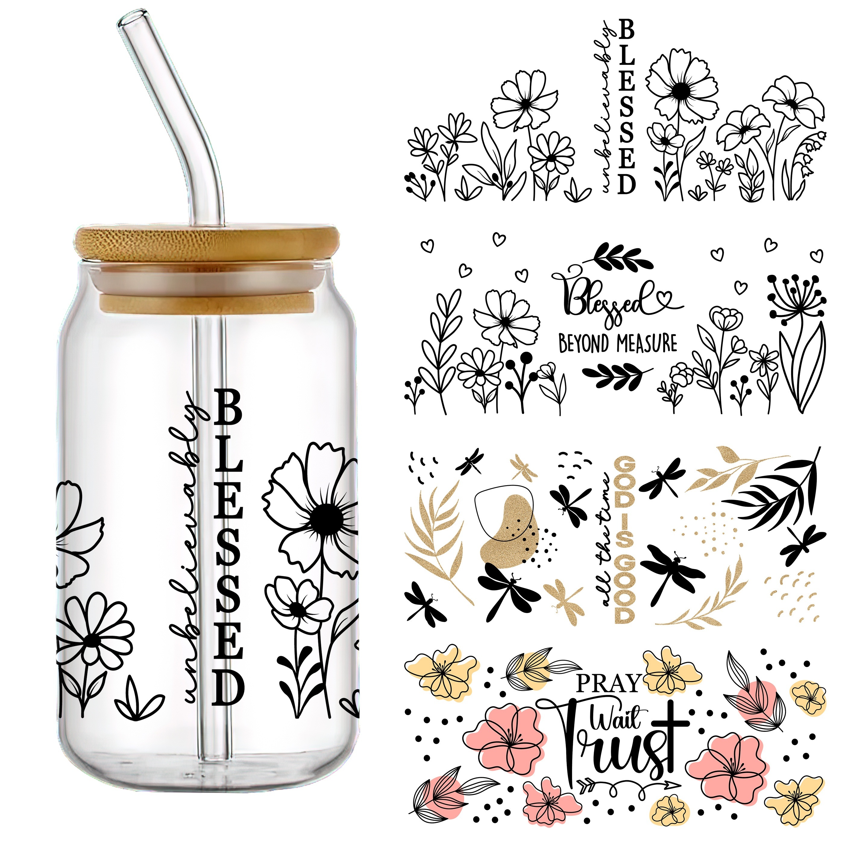 4pcs/set Unbelievably Blessed Pray Wait Trust, UV DTF Cup Wraps Decals  Transfer Printing Waterproof Self-adhesive Stickers For Mug Water Bottle  Cup, D