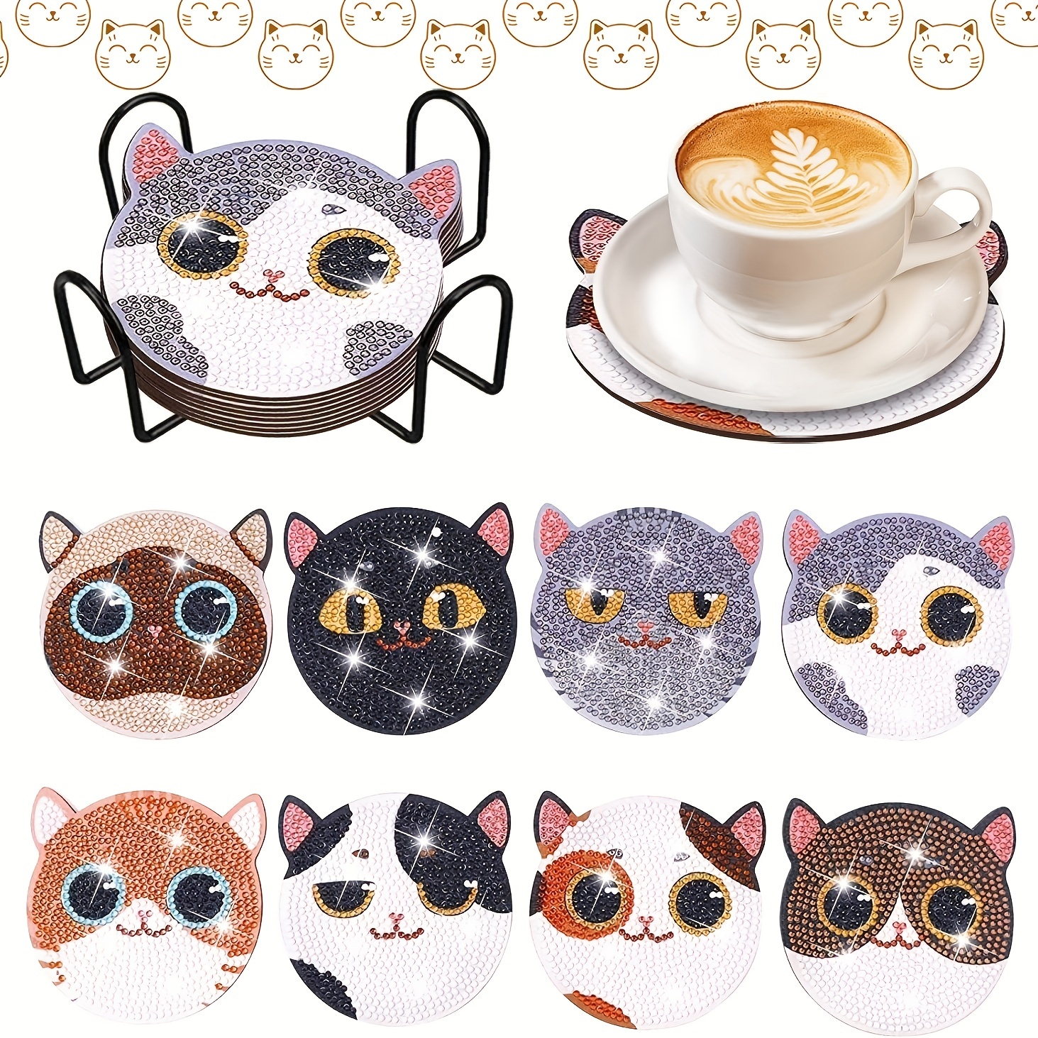 New Diy Diamond Painting Cup Mat Cute Cat - Temu