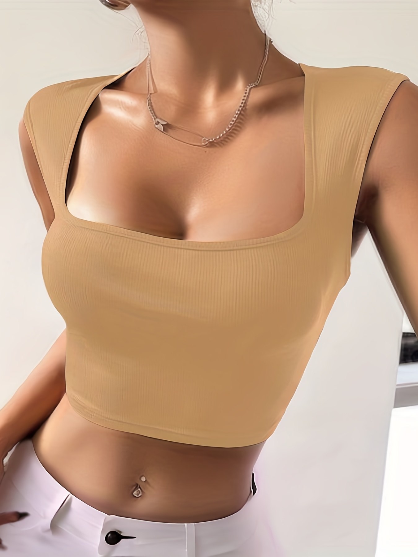 Ribbed Crop Tops Sexy Square Neck Sleeveless Summer Tank Top - Temu