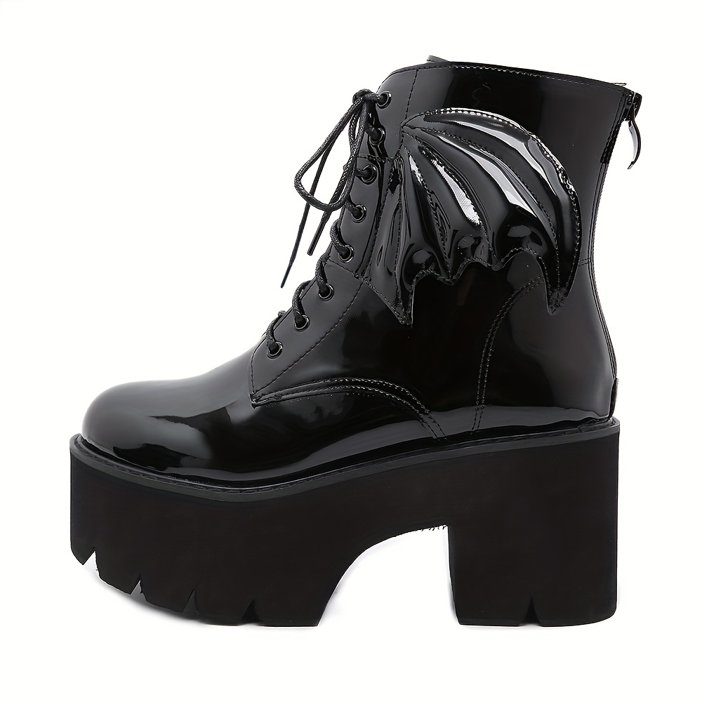 Botas femininas pretas com zíper na parte de trás, sapatos modernos com  bico redondo e cadarço, botas femininas de plataforma de cor lisa curtas